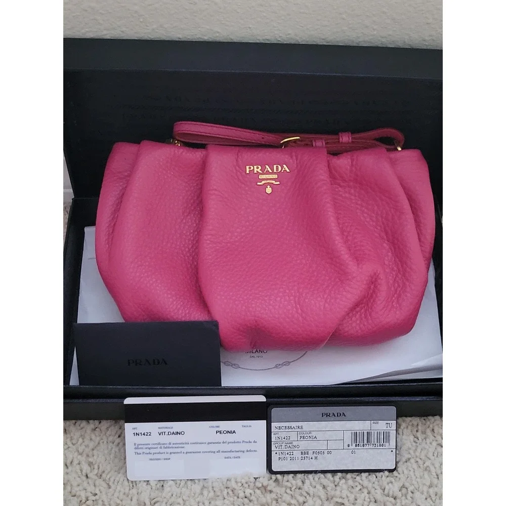 Prada Vitello Daino Peonia Pink Pebbled Leather Pleated Wristlet Clutch 1N1422